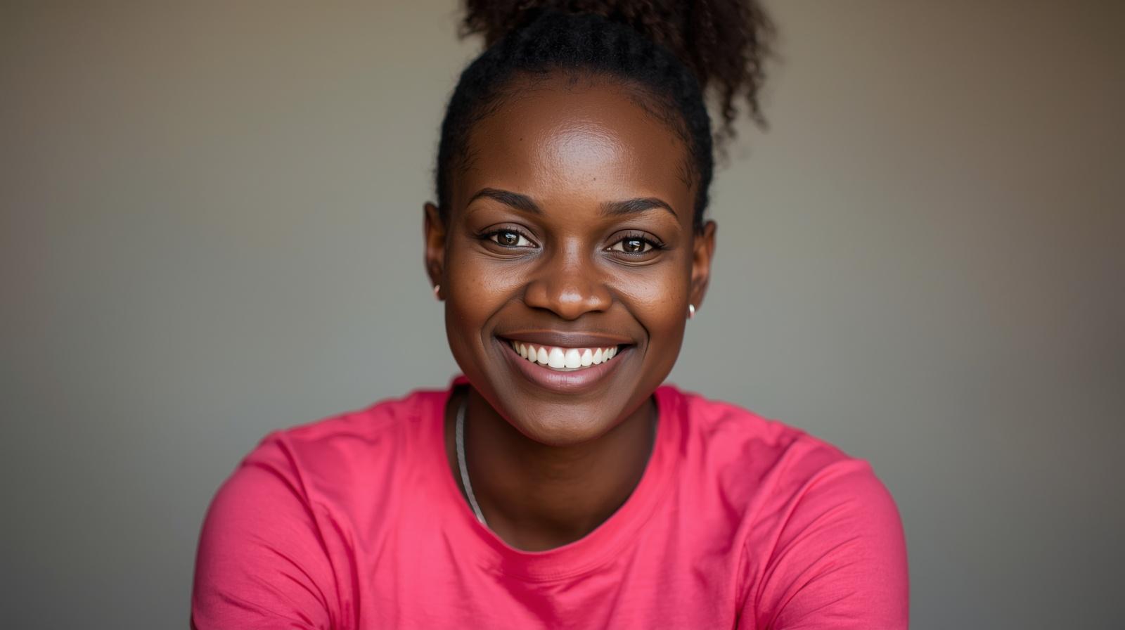 25 year old woman from Uganda smiling at the camera and wearing modern casual clothing