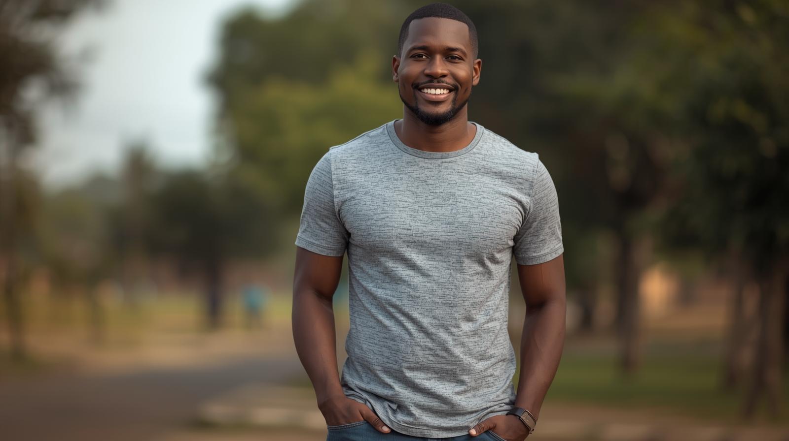 35 year old man from Uganda smiling at the camera and wearing modern casual clothing 1