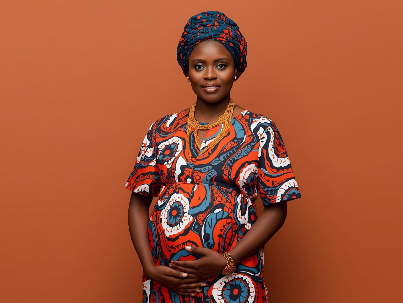 Pregnant woman from Uganda aged 30 wearing modern clothing