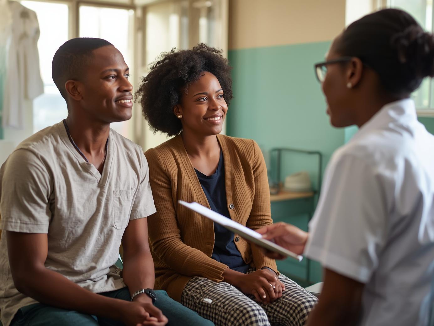 Ugandan couple aged 25 receiving guidance from a healthcare provider