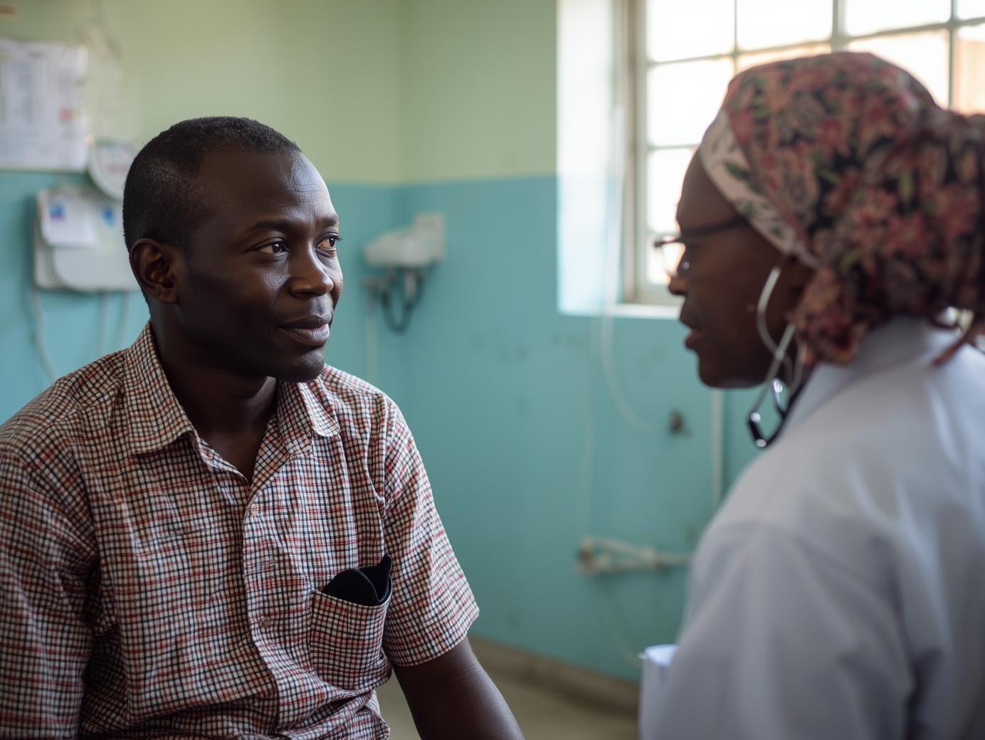 Ugandan man aged 45 receiving guidance from a healthcare provide 1