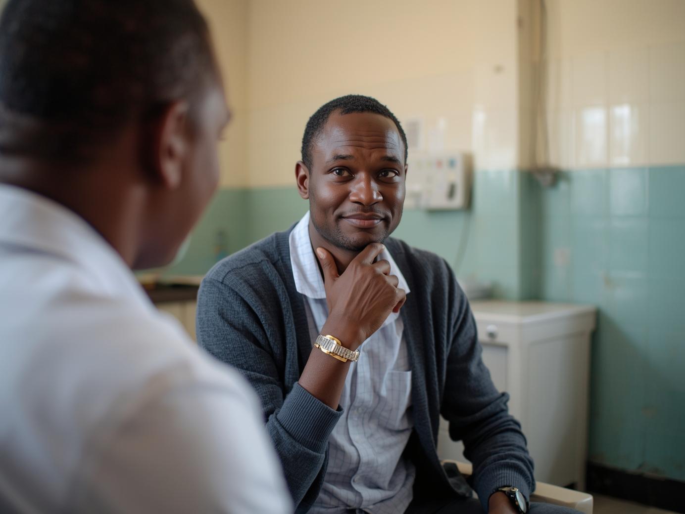 Ugandan man aged 45 receiving guidance from a healthcare provide