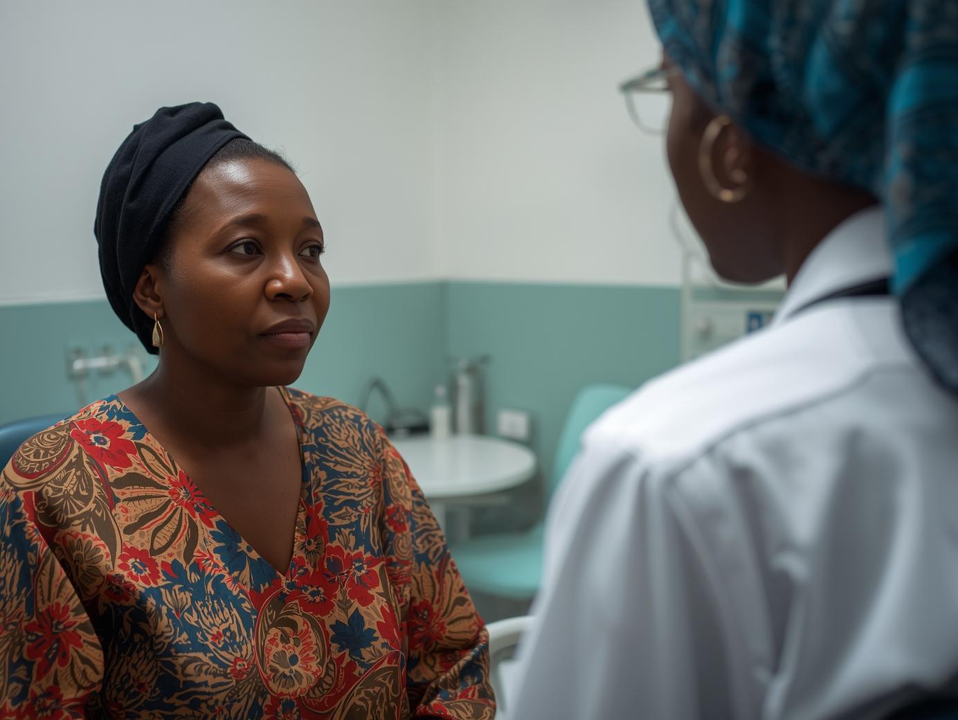 Ugandan woman aged 45 50 receiving guidance from a health care provider