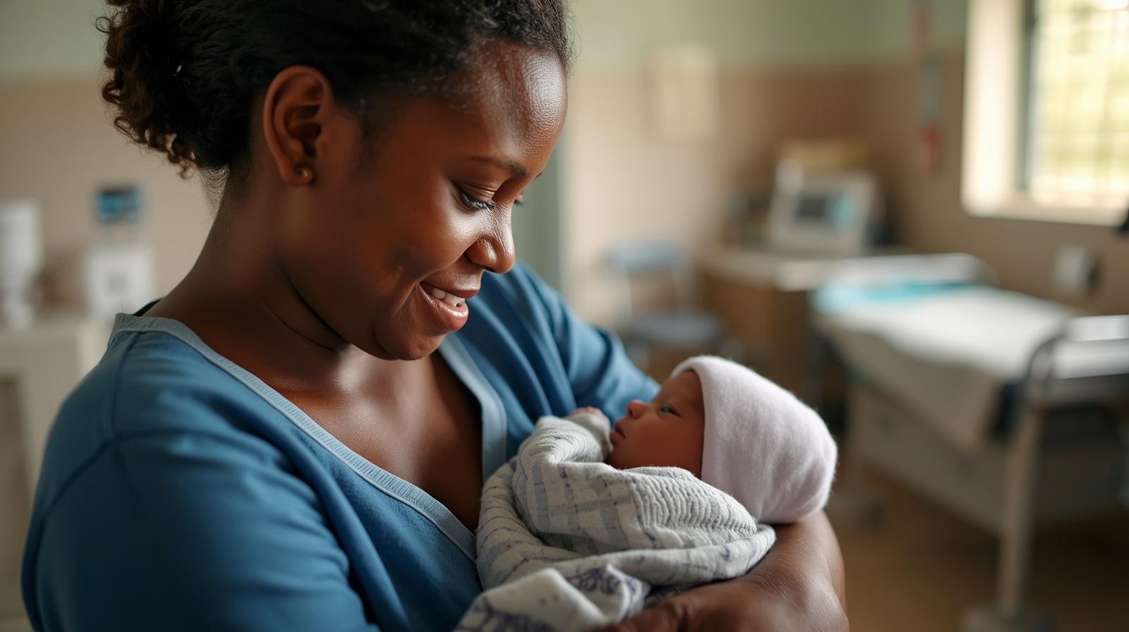 Ugandan mother and baby in health care facility
